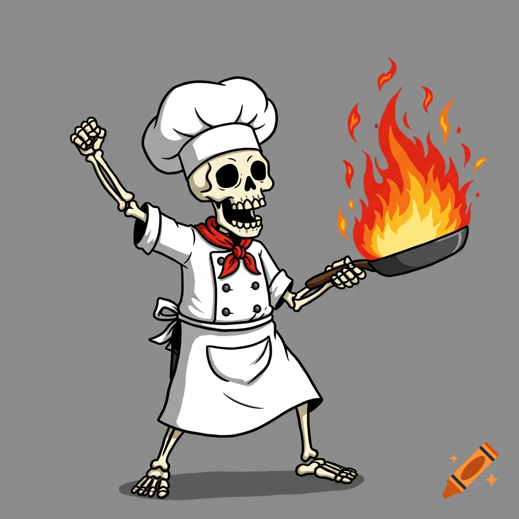 A cartoon skeleton chef, wearing a white uniform and red bandana, raises a fist while holding a frying pan with bright flames.