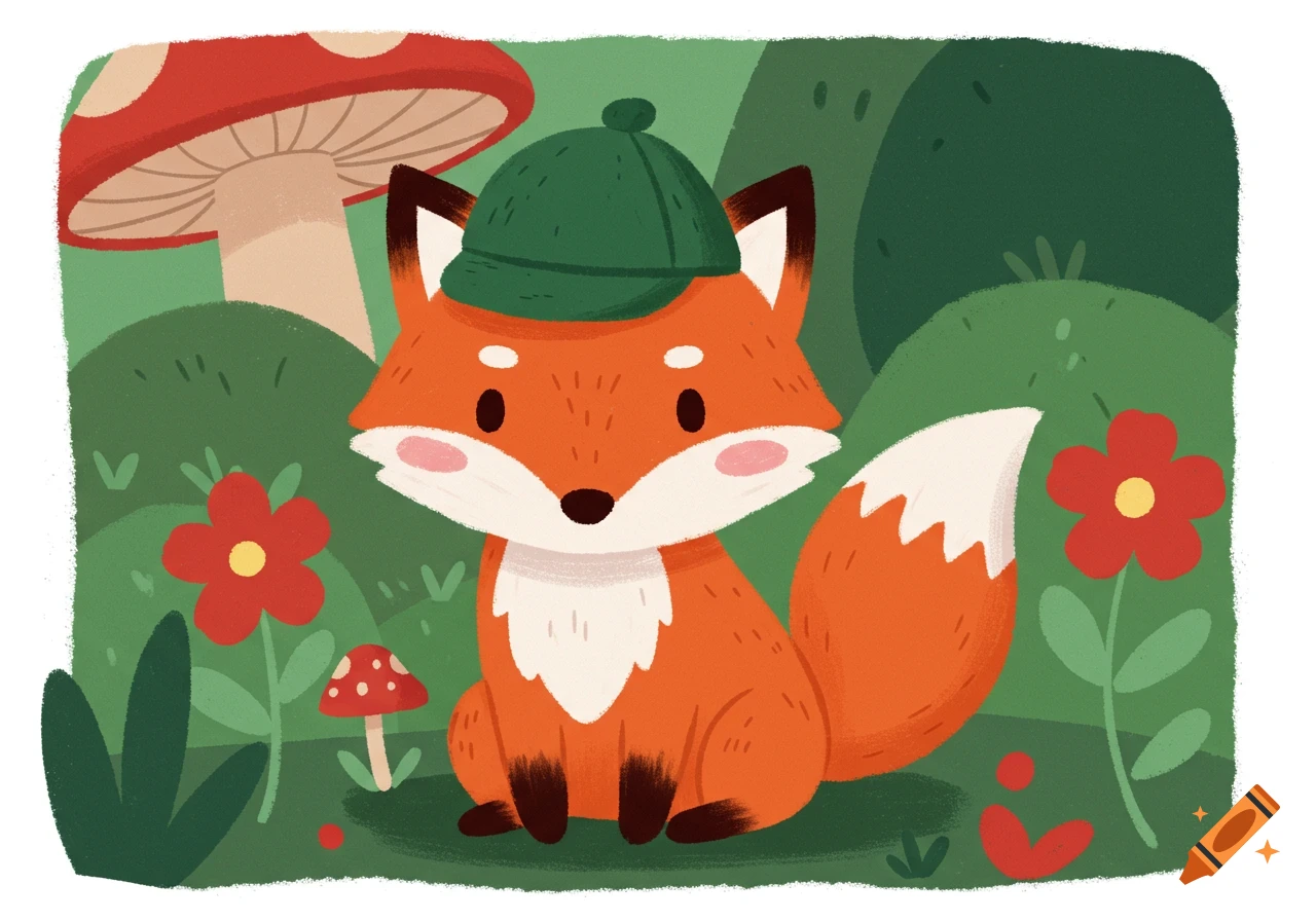 Cute cartoon fox wearing a green cap, sitting in a whimsical forest with red mushrooms and flowers.