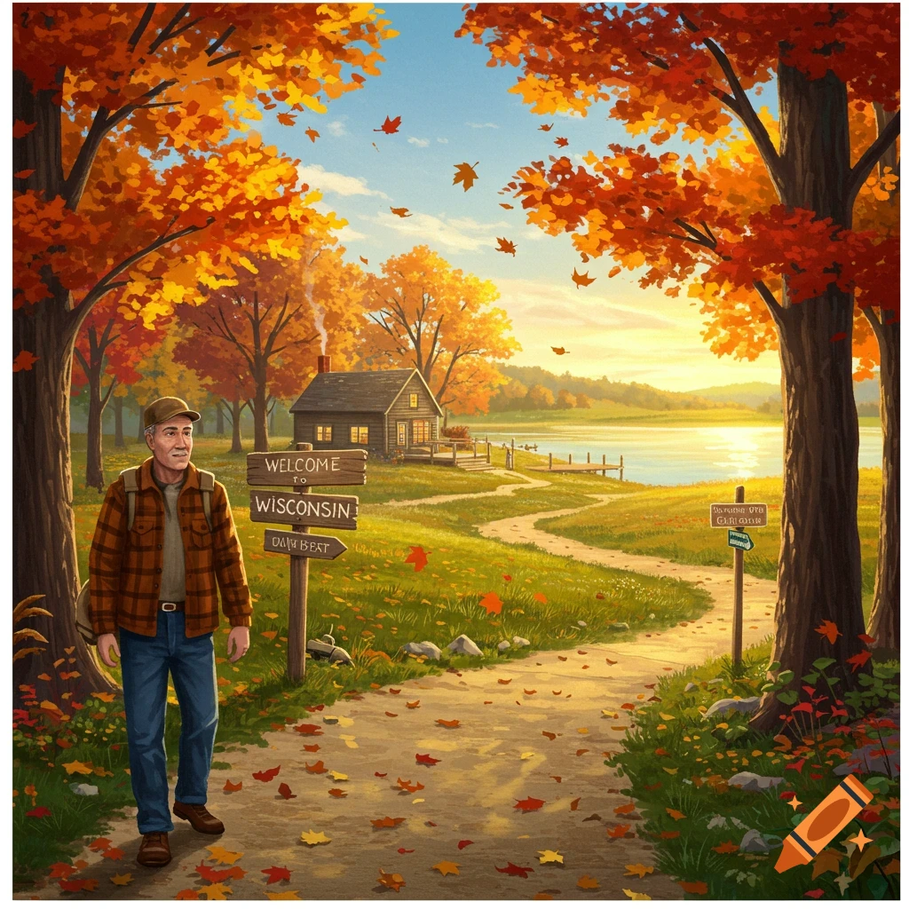 A man walks on an autumn path with colorful leaves, a cabin by a lake, and a 'Welcome to Wisconsin' sign in an illustrative style.