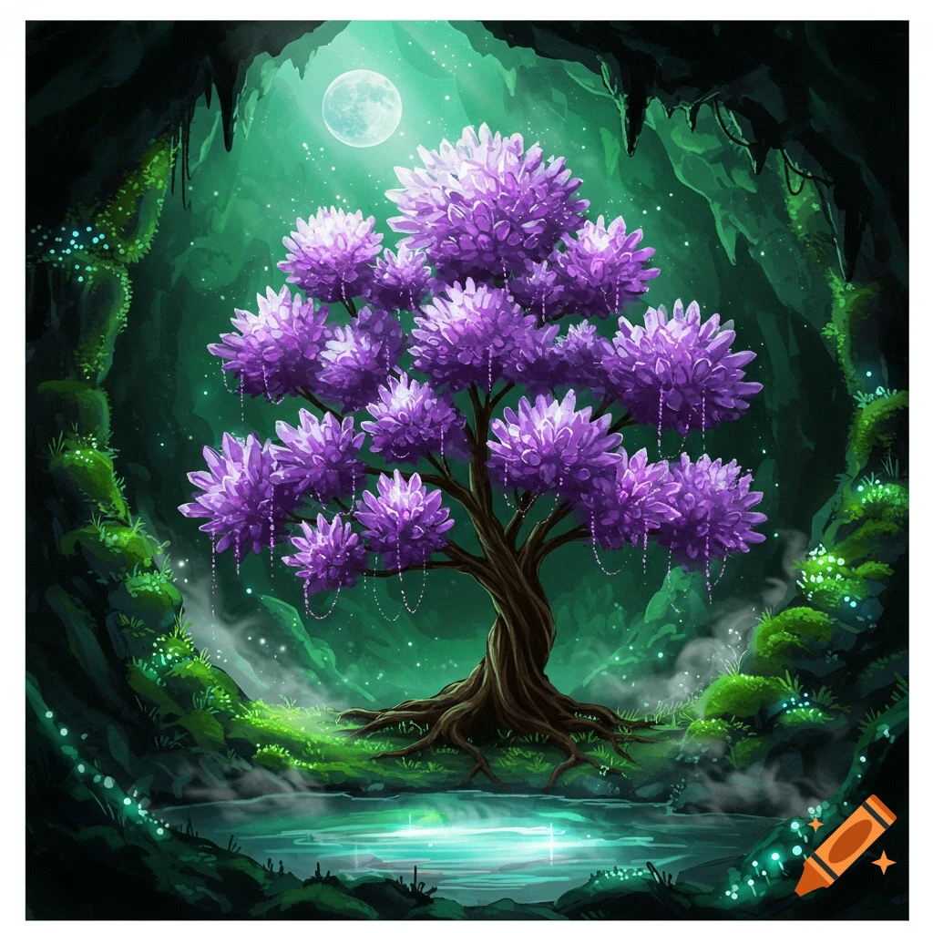 A glowing purple crystal tree stands in a dark green cave with a full moon overhead and a shimmering pool of water.