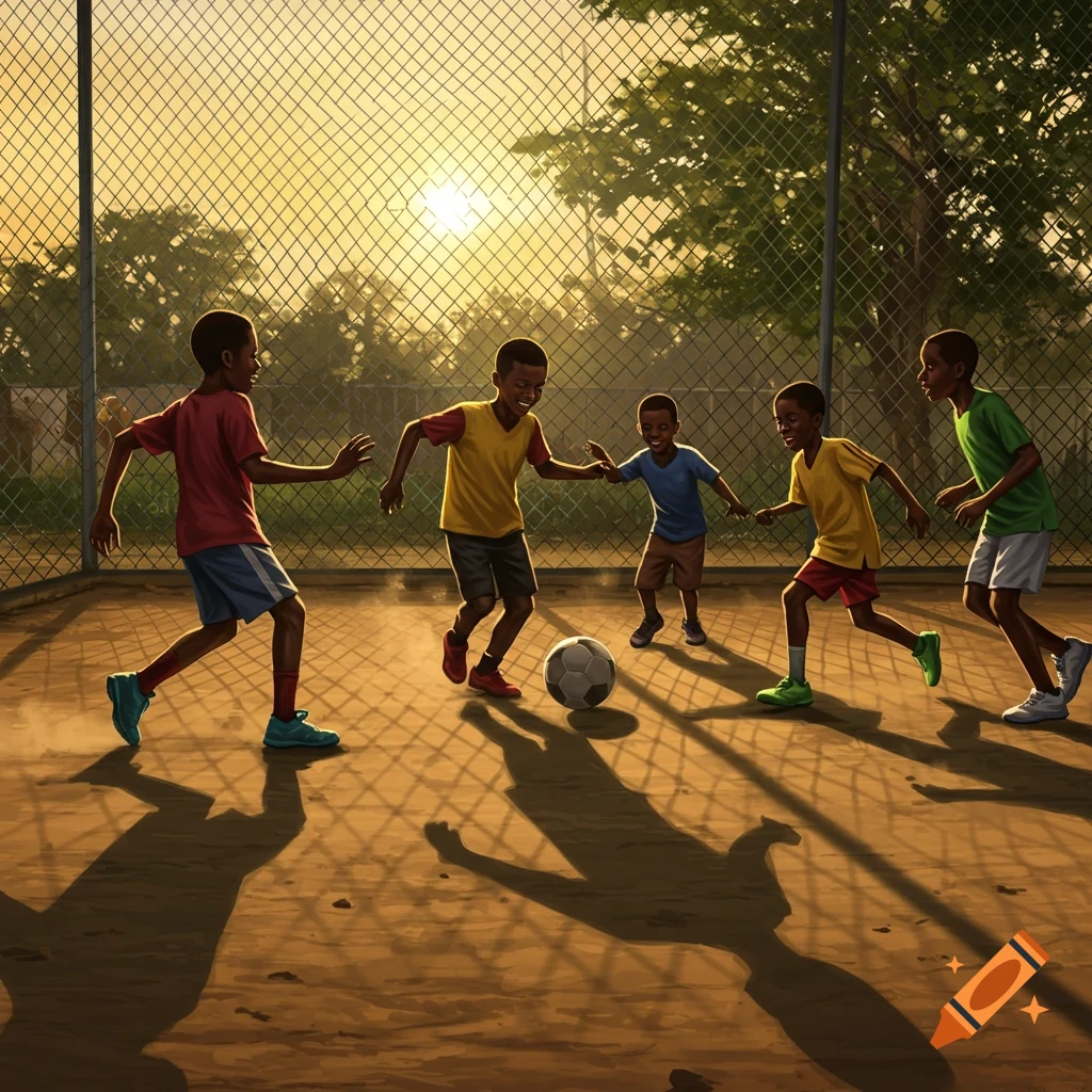 Young African boys play soccer on a dusty fenced court at sunset, casting long shadows.