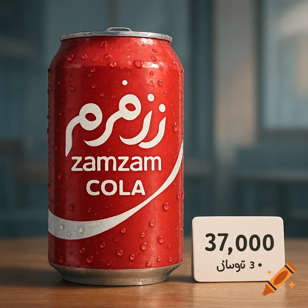 A red Zamzam Cola can with water droplets next to a white price tag showing 37,000 Toman, photorealistic.