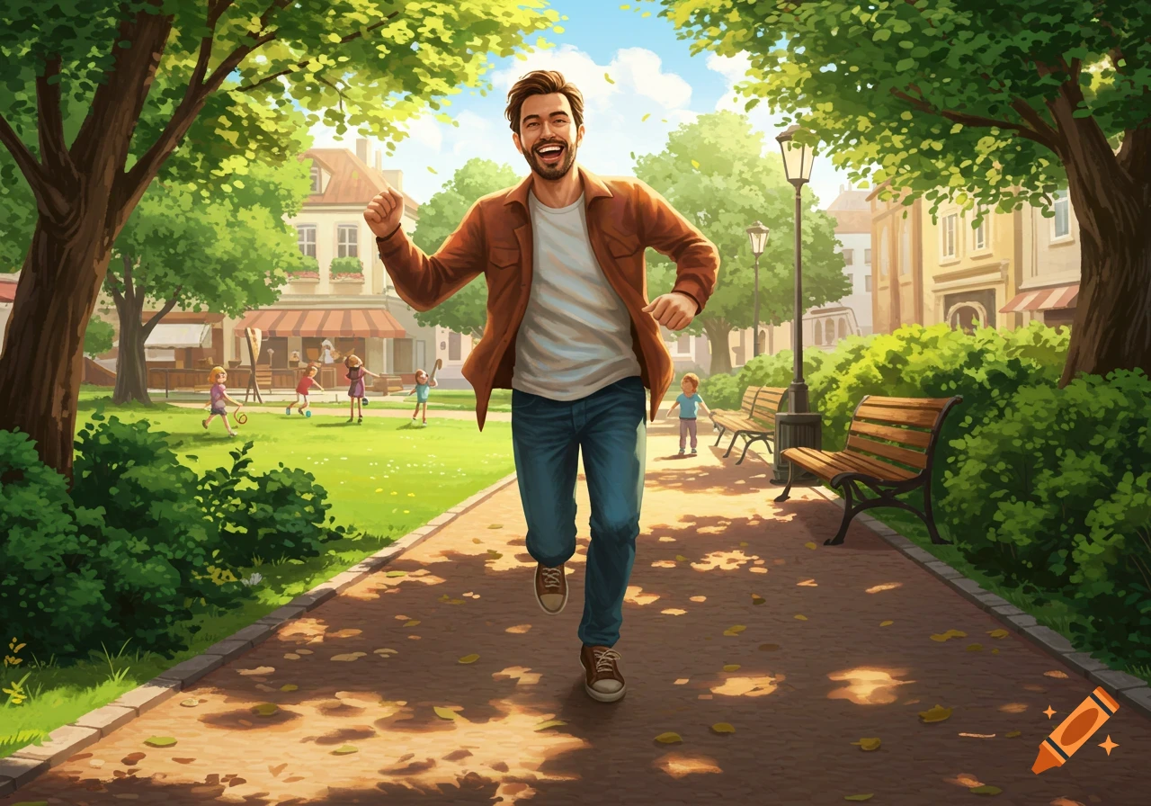 A happy man runs towards the viewer in a sunny, illustrated park with children playing and buildings in the background.
