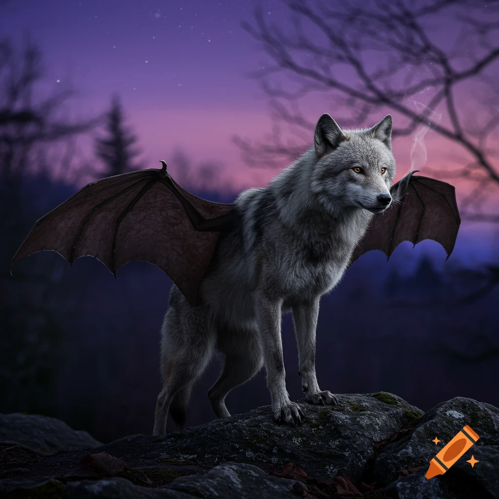 A photorealistic grey wolf with dark bat wings stands on mossy rocks against a purple twilight sky with silhouetted trees.