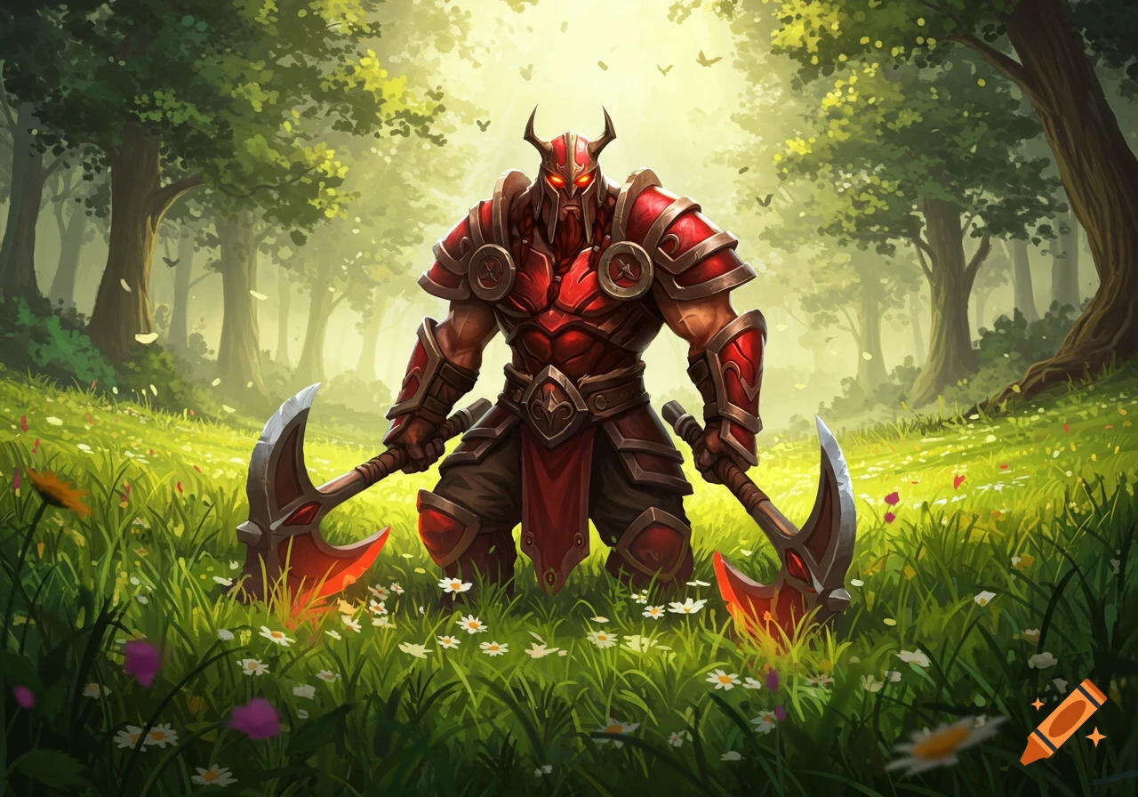 A red horned warrior in intricate armor kneels in a sunny forest clearing, holding two large red-bladed axes. Stylized fantasy art.