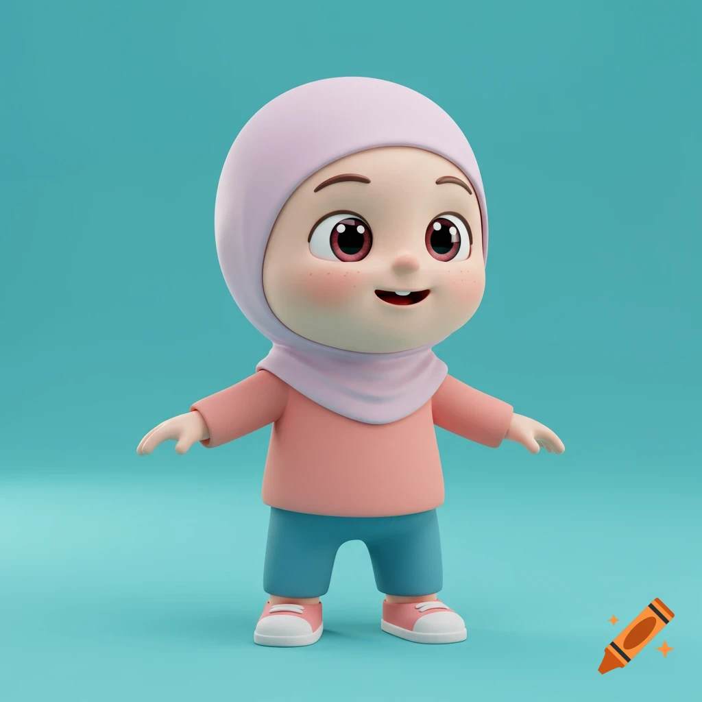 A 3D cartoon of a smiling Muslim child wearing a pink hijab, a peach shirt, and blue pants on a teal background.