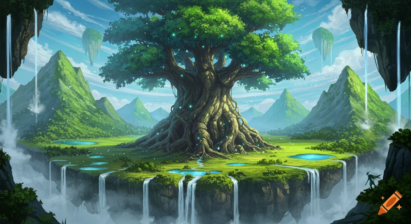 A colossal bioluminescent tree on a floating island, surrounded by waterfalls and lush green floating mountains in a fantasy landscape.