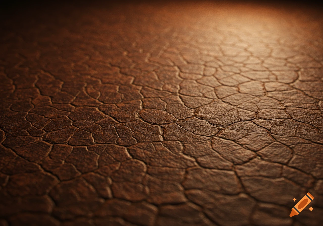 Close-up of a dark brown, deeply cracked and textured surface, possibly aged leather or dry earth, with a soft highlight.