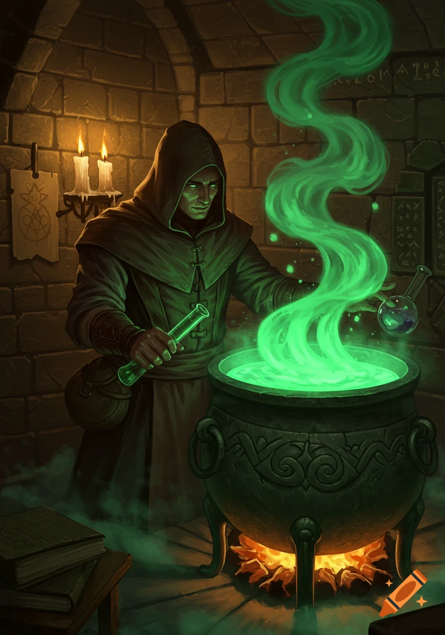 A cloaked alchemist with glowing green eyes adds an ingredient to a bubbling green potion in a large cauldron over fire in a stone dungeon.