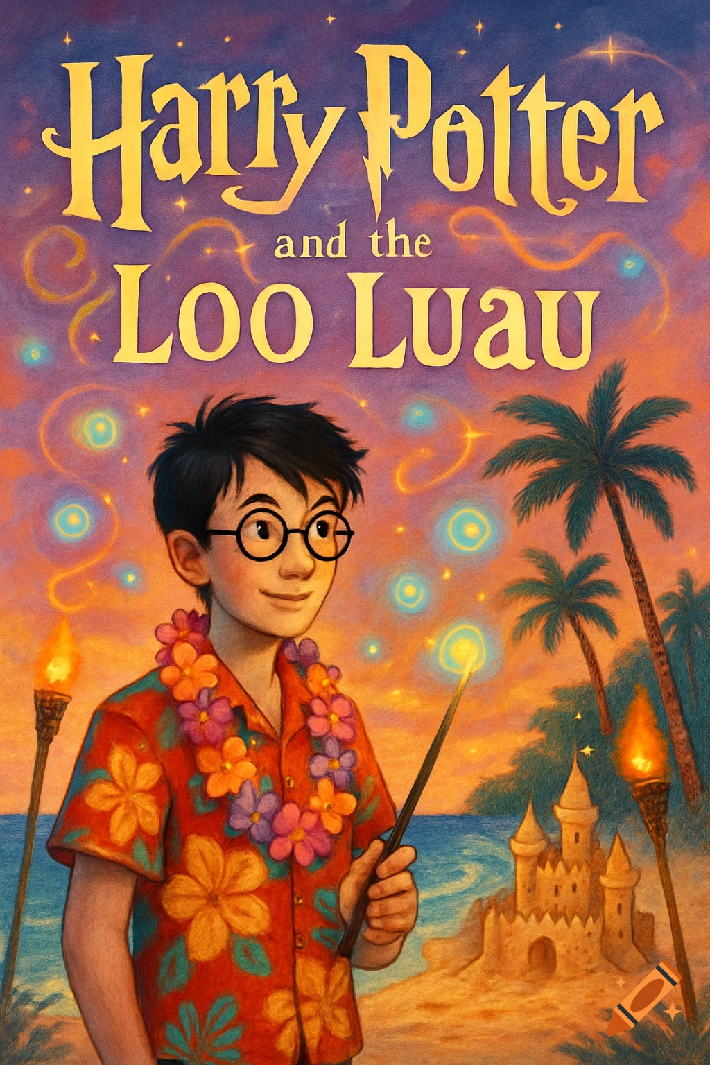 A book cover illustration showing a young boy resembling Harry Potter in a Hawaiian shirt and lei, holding a wand on a tropical beach at sunset. Text reads "Harry Potter and the Loo Luau".