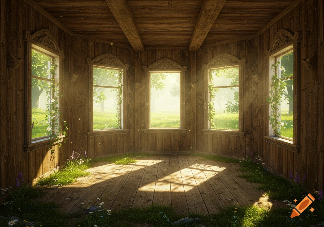 Sunlit rustic wooden room with large windows overlooking a bright forest, overgrown with vines and flowers.