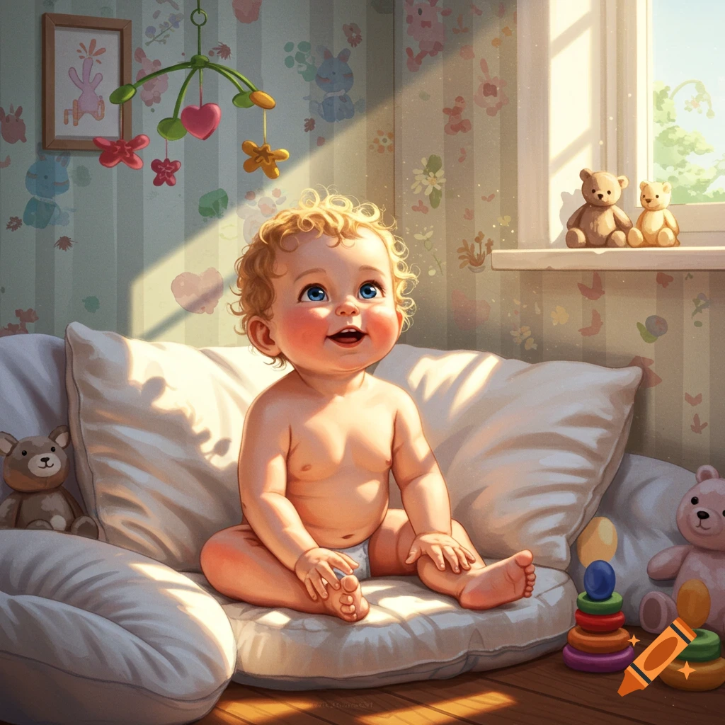 An adorable baby with curly blonde hair and blue eyes sits on a white pillow, smiling and looking up in a sunny nursery with toys.