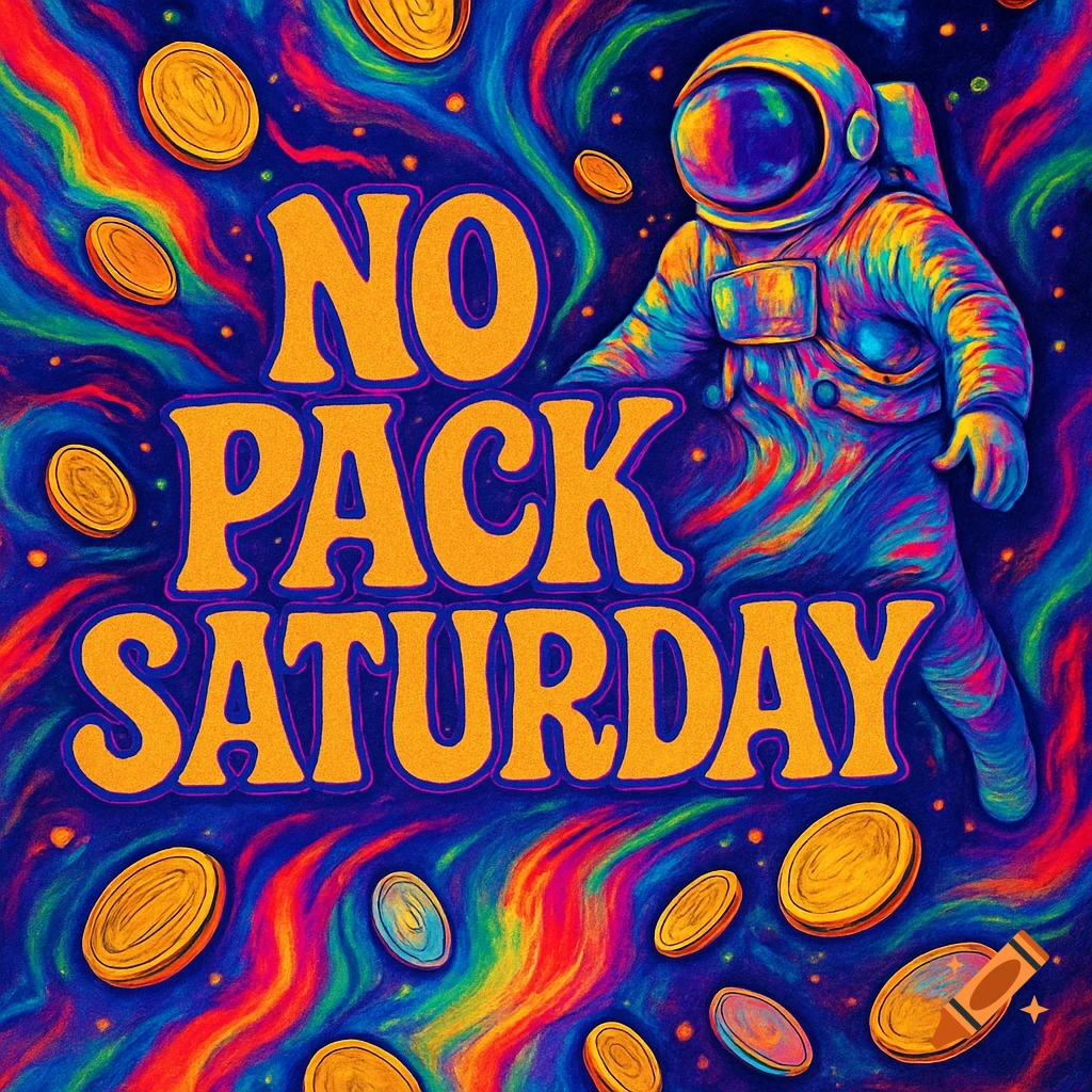 A vibrant, psychedelic poster featuring an astronaut in a swirling, colorful cosmic background with gold coins and the text "NO PACK SATURDAY".
