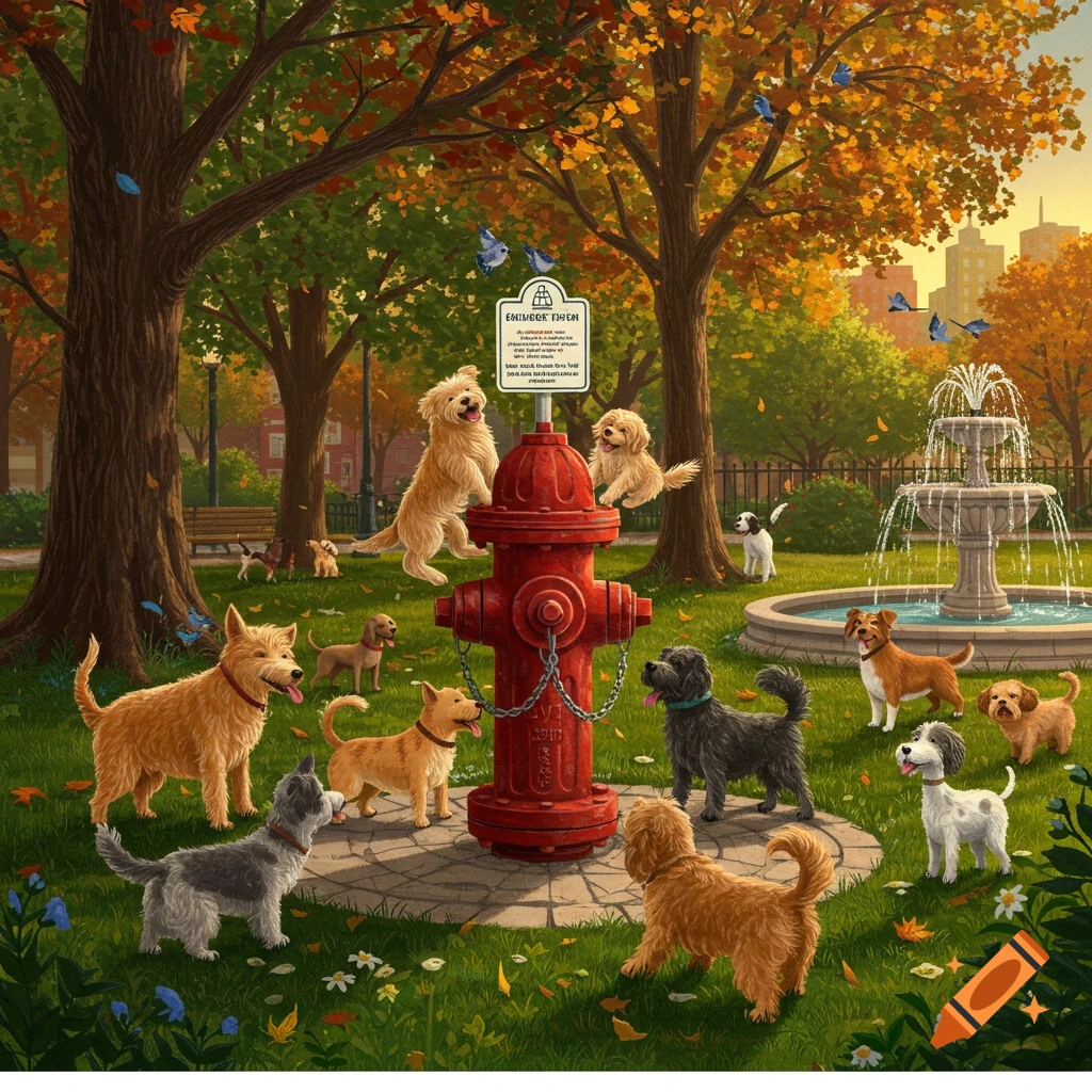 An illustration of many dogs gathered around a red fire hydrant in an autumn park with trees and a fountain.