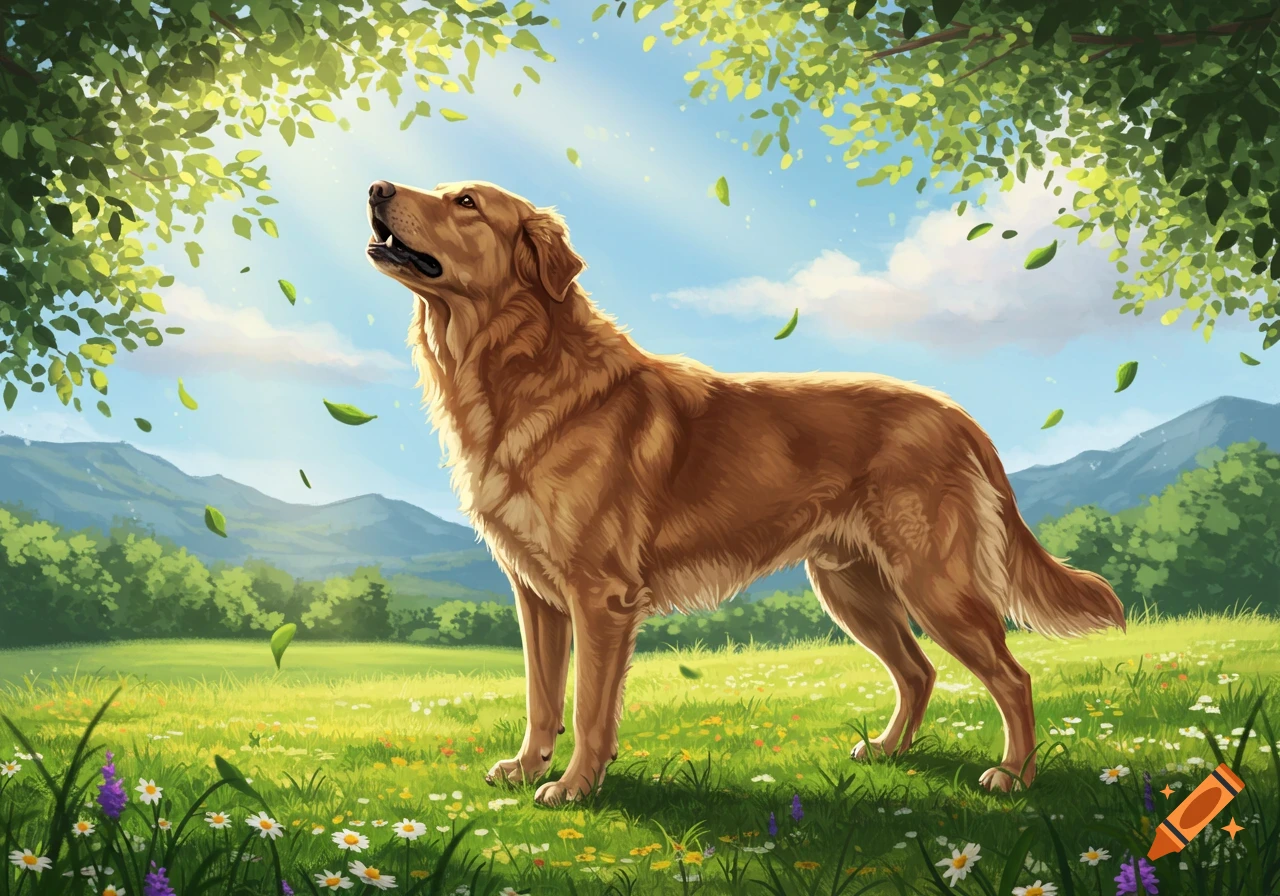 An illustrative golden retriever stands in a sunlit meadow with wildflowers, looking up at light filtering through green leaves.