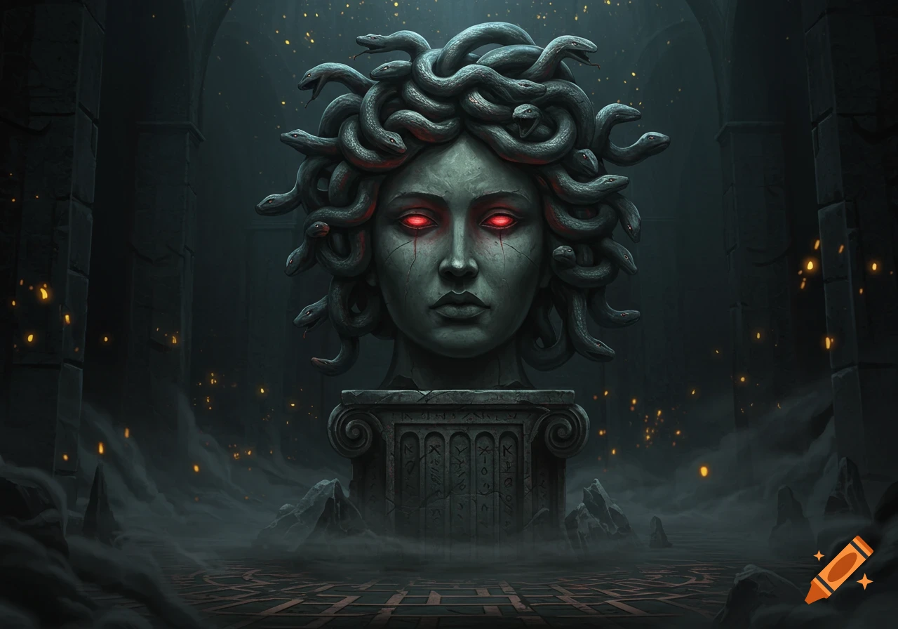 A dark fantasy art rendering of a stone Medusa head with glowing red eyes and snakes for hair, on a pedestal in a foggy, labyrinthine ruin.