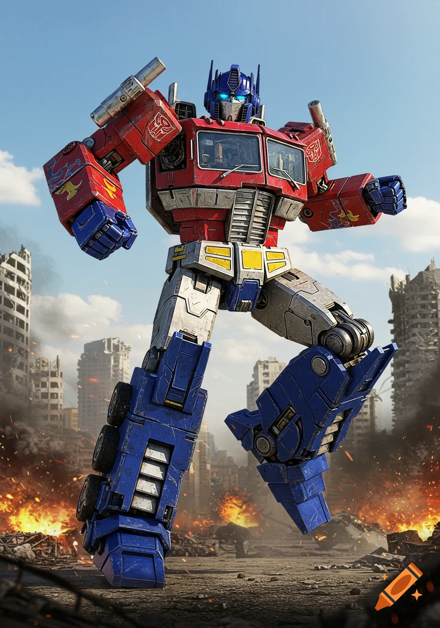 Optimus Prime, a large red and blue robot, stands heroically in a ruined city engulfed in fire and smoke, with a clear blue sky above.