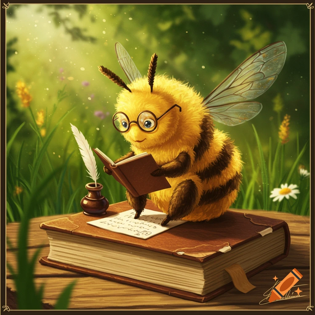 A cute, fluffy bee with glasses sits on a large book, reading a smaller book, with a quill and paper nearby in a sunny, green garden.