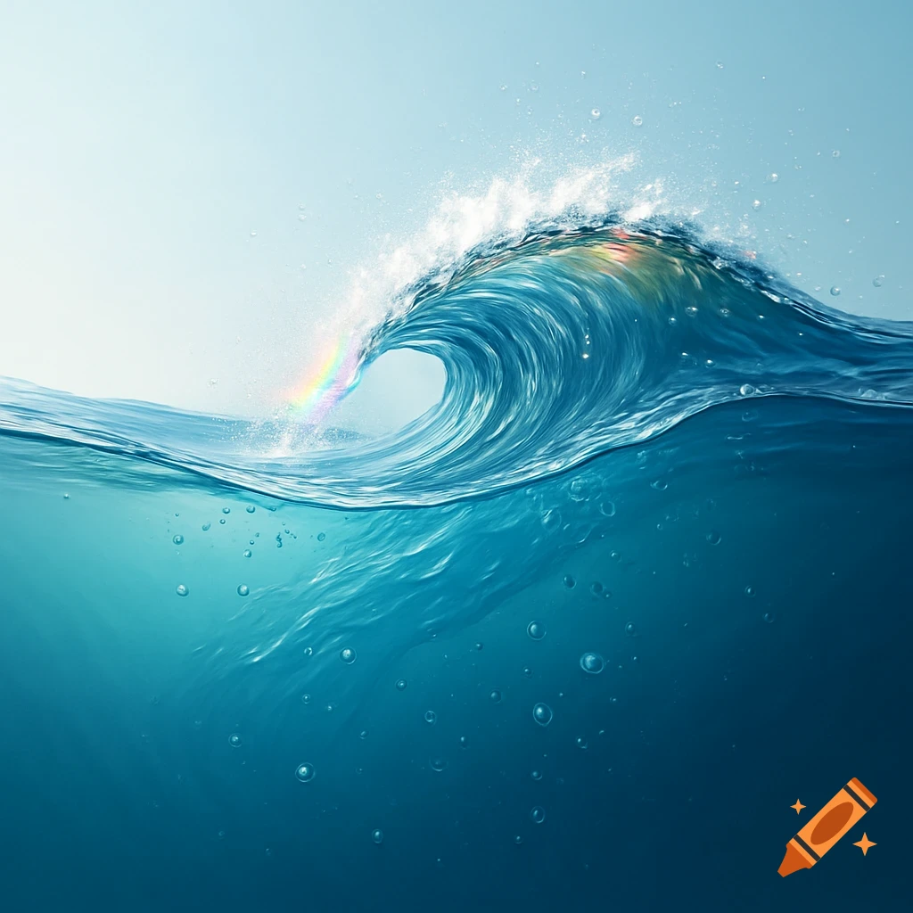A large blue ocean wave crests with splashes and a small rainbow, showing the water's surface and bubbles beneath.