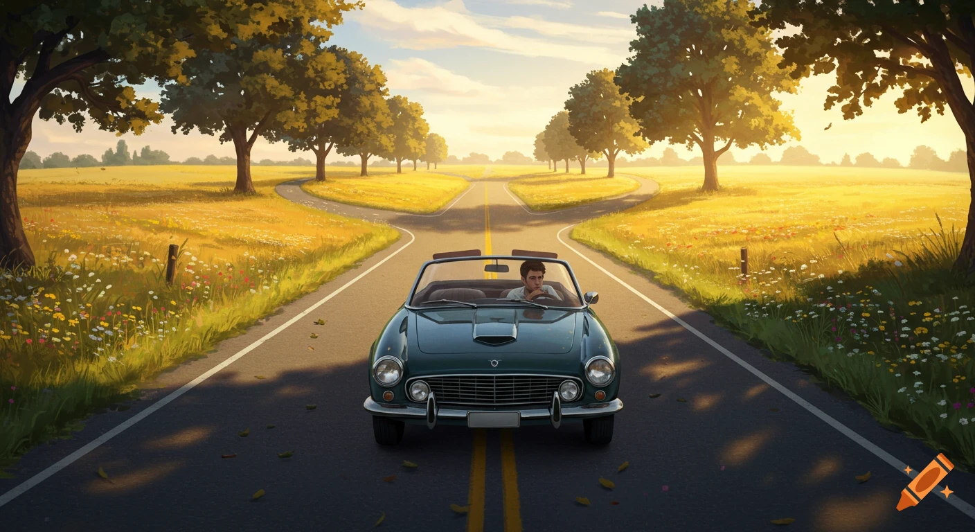 A man in a green convertible car is stopped at a fork in a sunny, golden-hued rural road lined with trees and wildflowers, in an illustrative style.