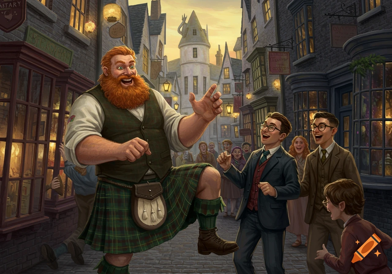 A brawny, red-bearded man in a kilt laughs and lifts his leg in a magical village street while others look on, laughing.