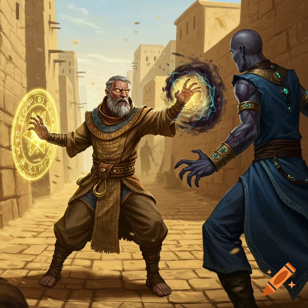 An old human mage with a beard and yellow eyes casts a golden magic barrier against a grey-skinned, corrupted male casting a dark magic blast in a desert city alley.