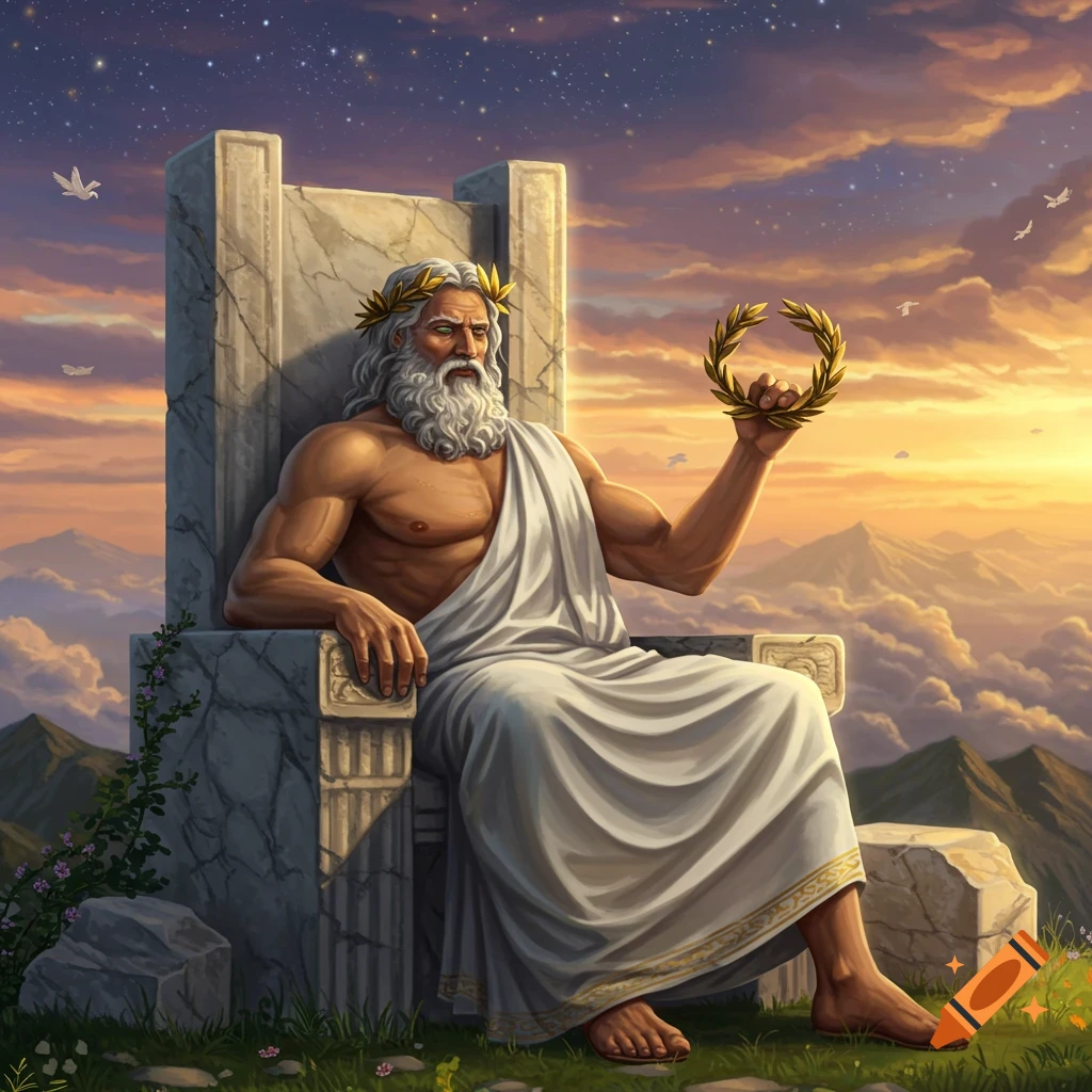 Zeus, a bearded god in a white toga and laurel crown, sits on a stone throne above the clouds, holding a golden wreath, under a dramatic sunset sky.