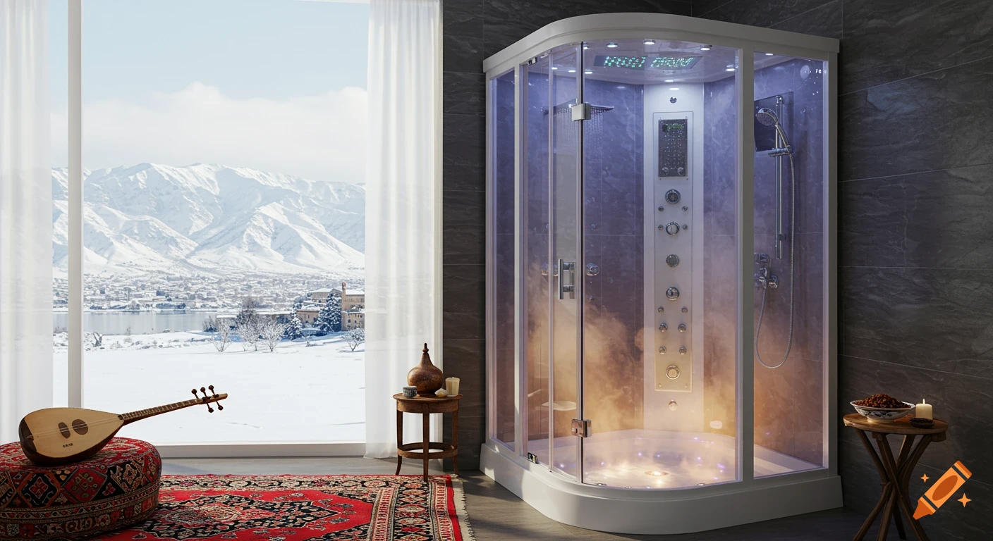 Luxurious bathroom with a modern steam shower, an ornate rug, and a string instrument, featuring a large window with a view of snowy mountains.
