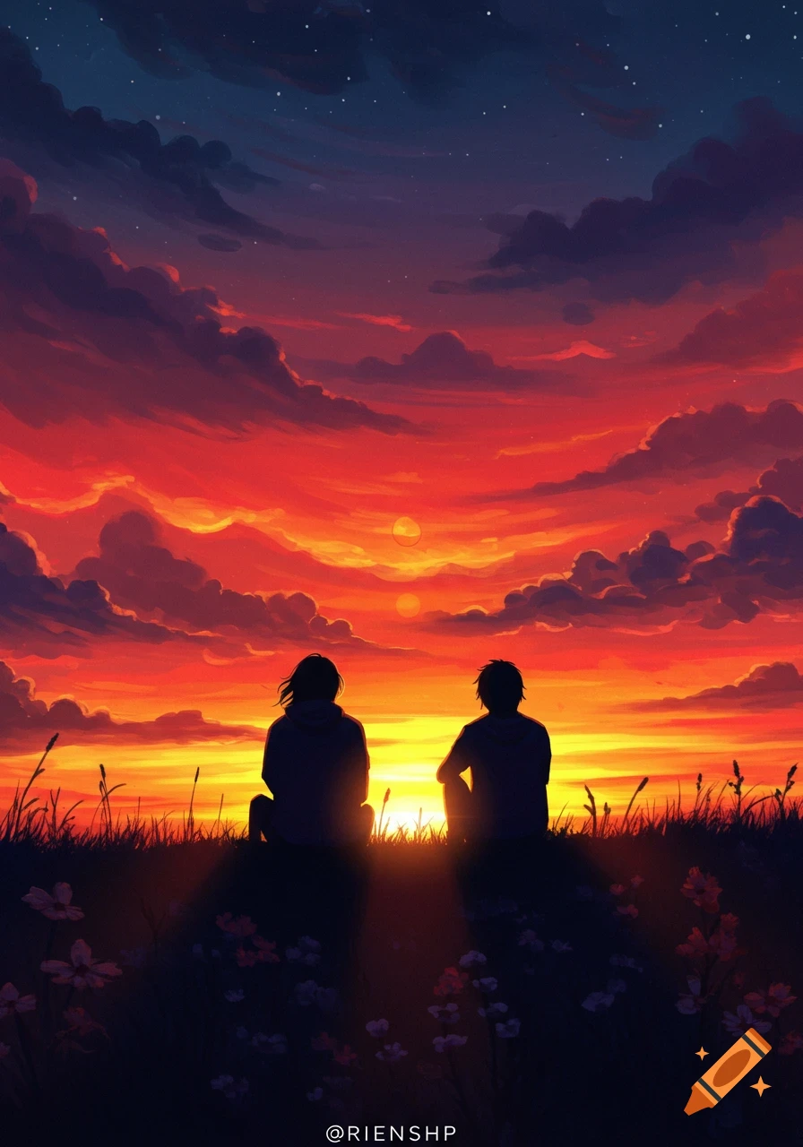 Two silhouetted figures sit on a grassy hill, watching a vibrant orange and red sunset with a starry blue sky above. Illustrated style.