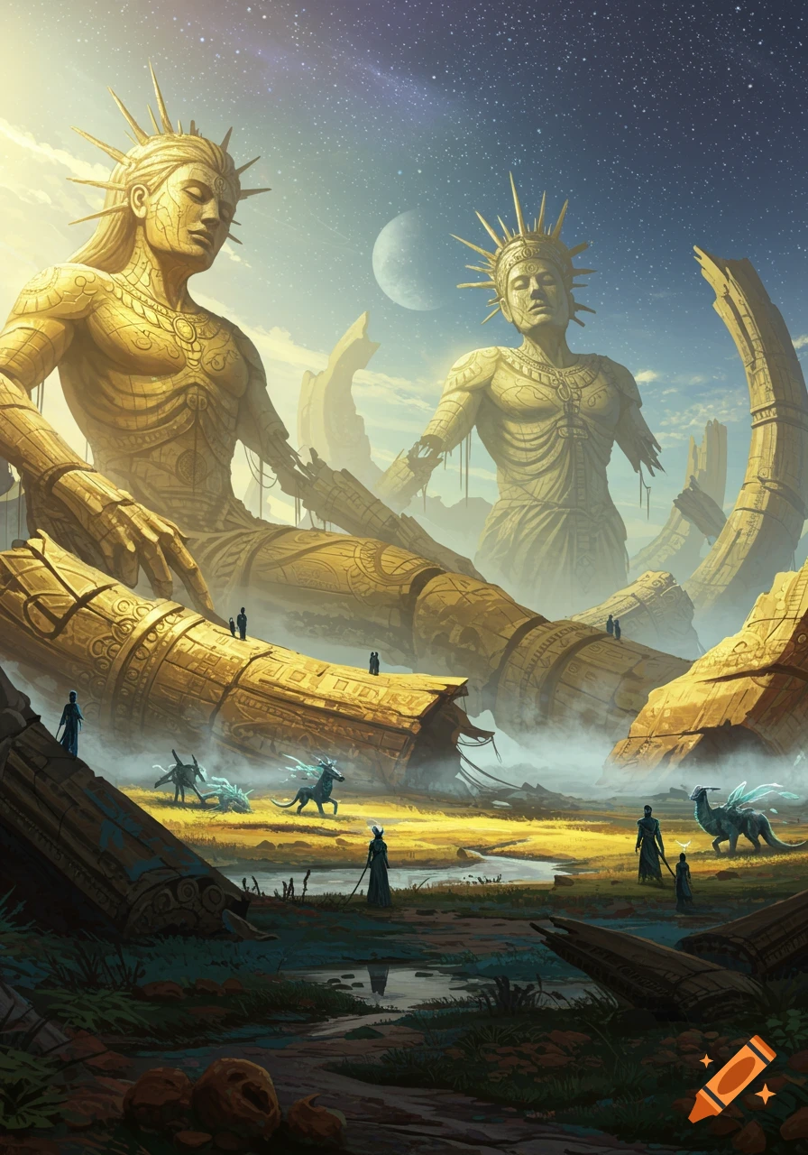 Giant golden statues of fallen gods in ruins under a cosmic sky with a crescent moon, as small figures and winged creatures explore.