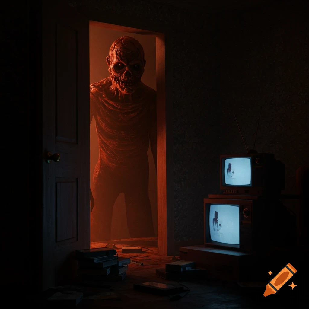 A grotesque, tall, red-skinned monster peeks from a doorway in a dimly lit, 90s-style room with old TVs and VHS tapes, in an analog horror style.