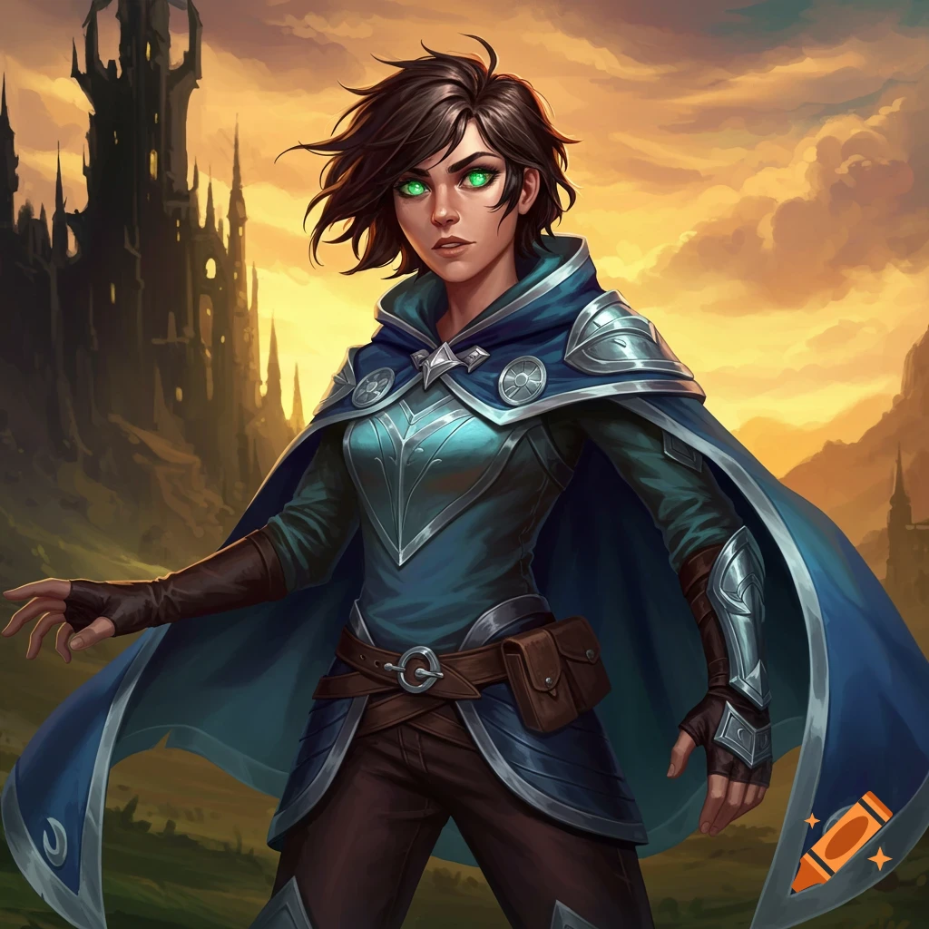 A tomboy fantasy rogue with green eyes and windswept brunette hair, clad in blue and silver armor, stands before a dark castle at sunset.