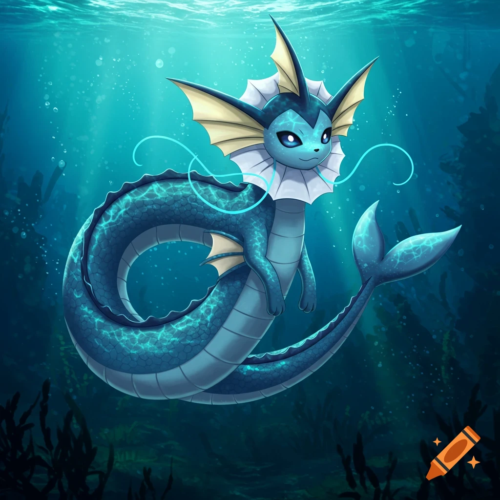 An illustration of a dragon-like Vaporeon swimming in deep teal water surrounded by seaweed.