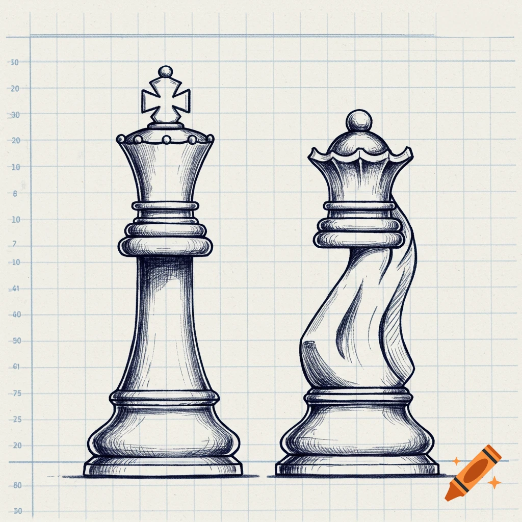 A sketch-style illustration of a king and queen chess piece on graph paper with numerical markings on the left side.