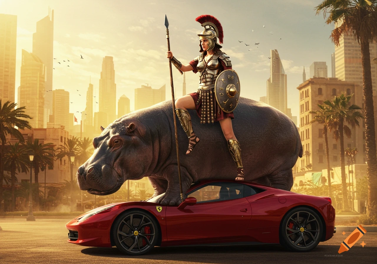 A woman in golden Roman armor with a shield and spear rides a hippo standing on a red Ferrari car in a sunlit city street with skyscrapers.