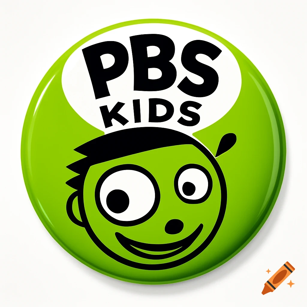 A green circular button with the PBS Kids logo featuring the words "PBS KIDS" and a smiling cartoon character.