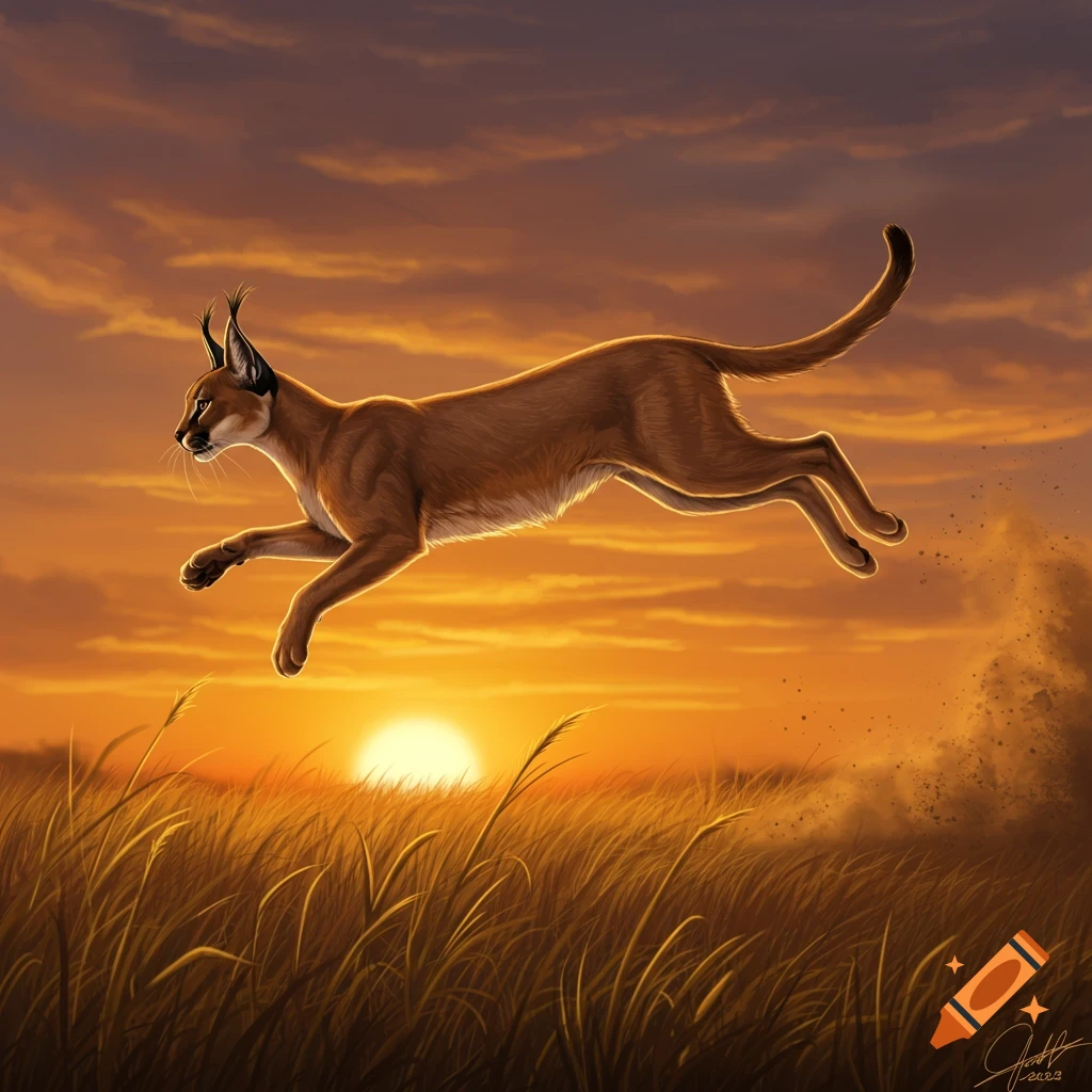 A caracal, a wild cat, leaps gracefully over tall grass in an illustration at sunset.