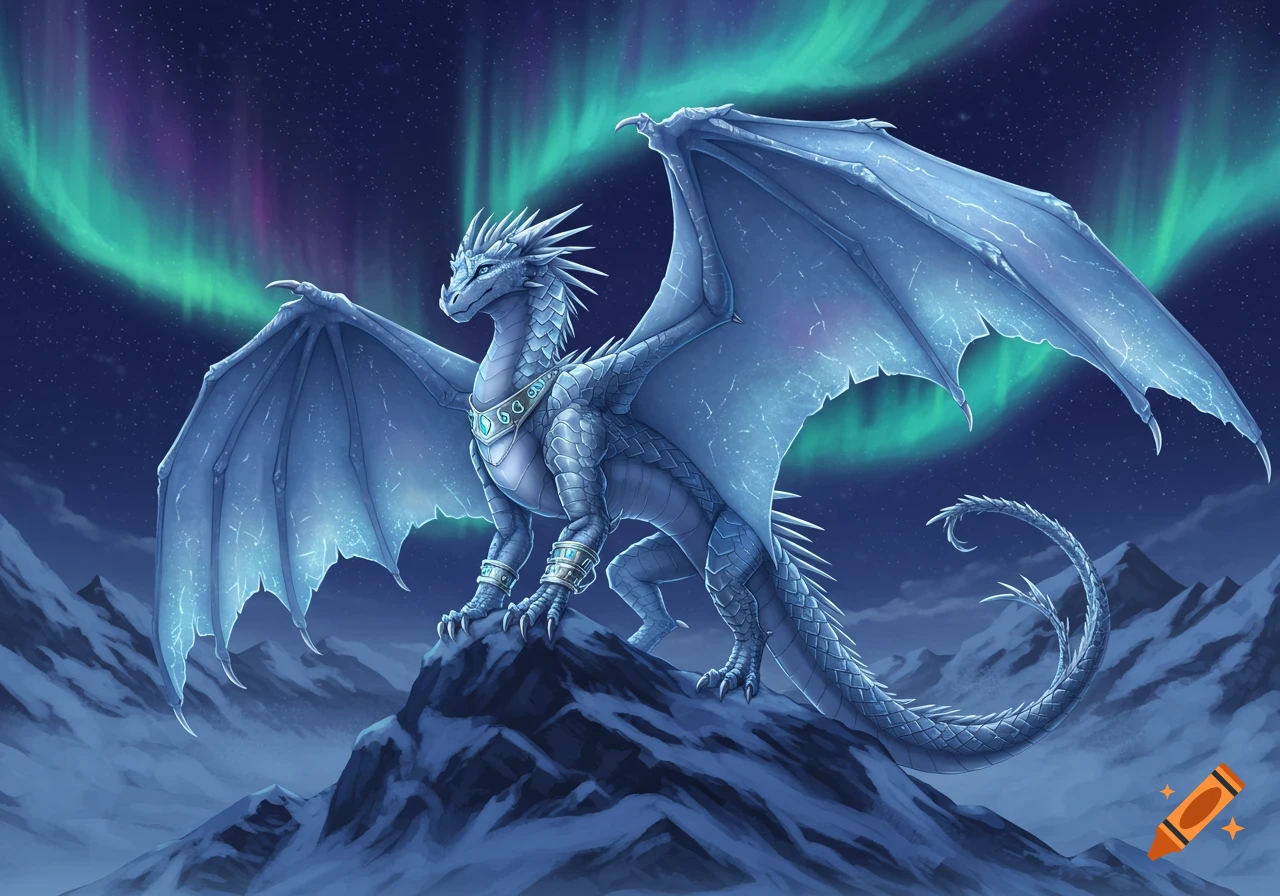 A majestic blue and white dragon with wings spread stands on a snowy mountain under a starry night sky with a vibrant aurora borealis. Digital art.