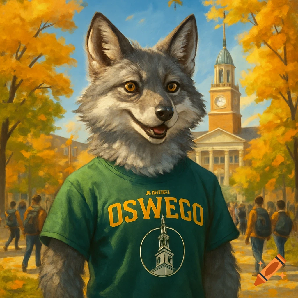 A smiling wolf mascot wearing a green SUNY Oswego t-shirt with a college clock tower logo, standing on a campus path lined with golden autumn trees and students.