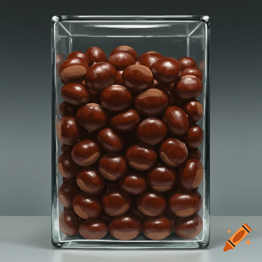 A clear glass rectangular container filled with shiny brown chestnuts, on a muted background.