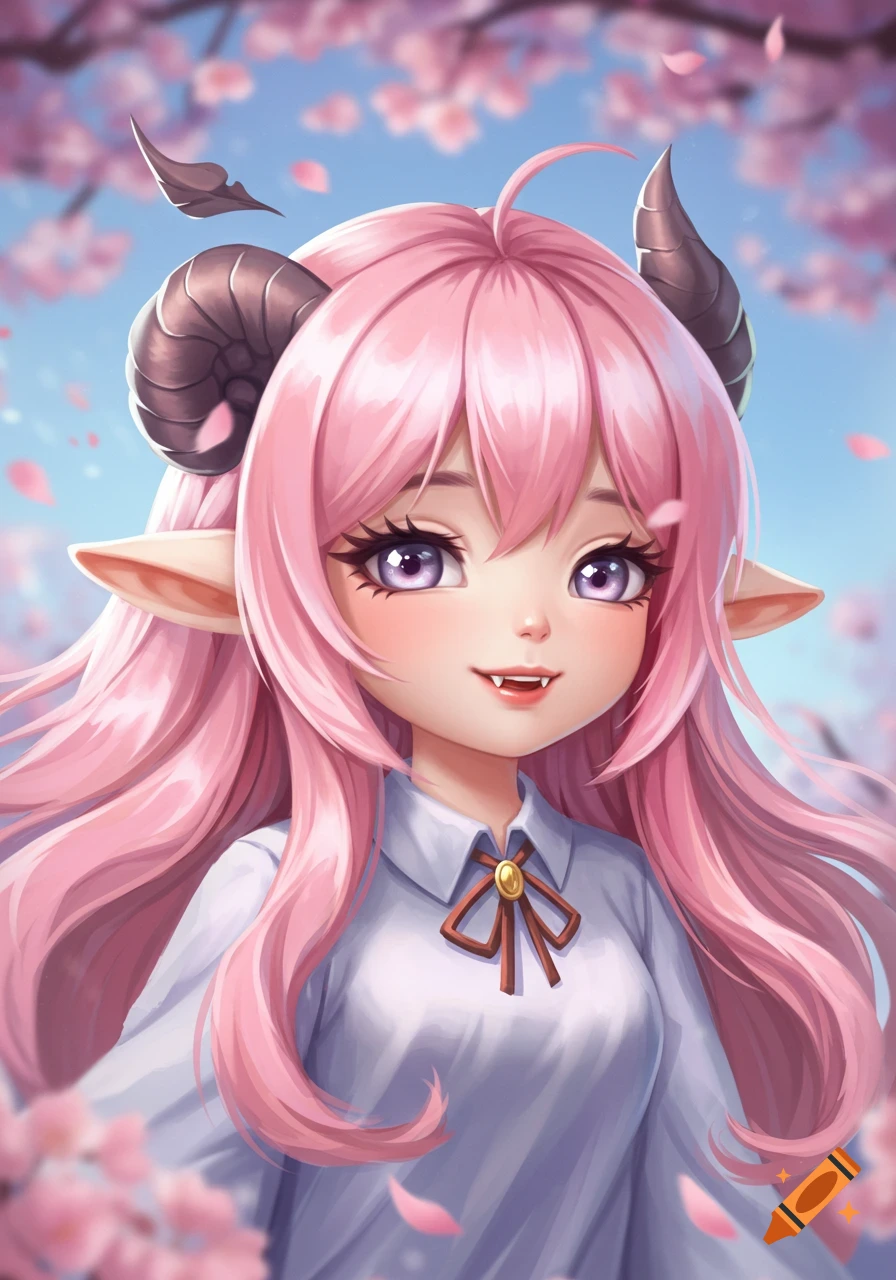 Close-up anime portrait of a smiling pink-haired girl with horns, elf ears, fangs, and purple eyes, surrounded by cherry blossoms.