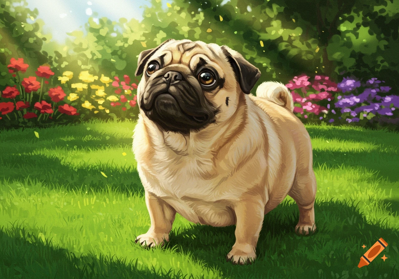 A chubby fawn pug stands in a vibrant, sunny garden with green grass and colorful red, yellow, and purple flowers.