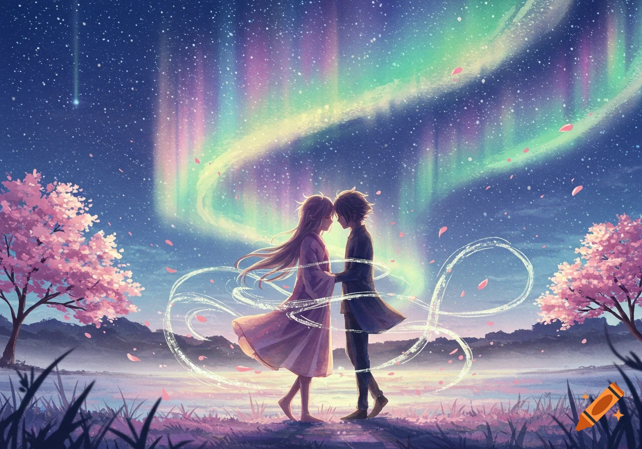 Anime illustration of a couple holding hands under a vibrant aurora, surrounded by cherry blossom trees and glowing lines.
