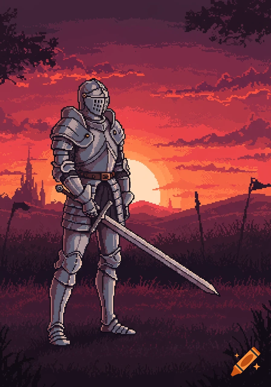 A pixel art knight in full armor holds a sword, standing in a field with a red sunset and a distant castle.