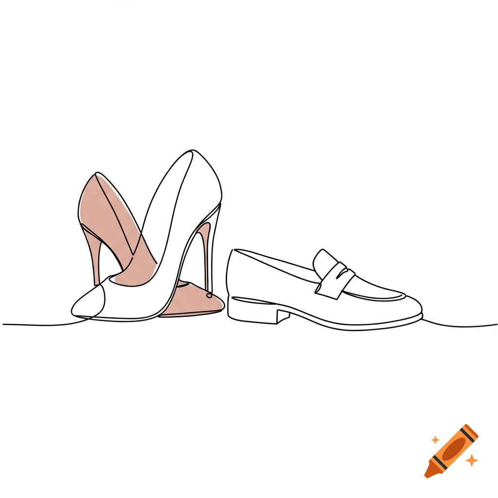 A one-line drawing of a white high heel shoe with a pink interior, and a white loafer, against a white background.