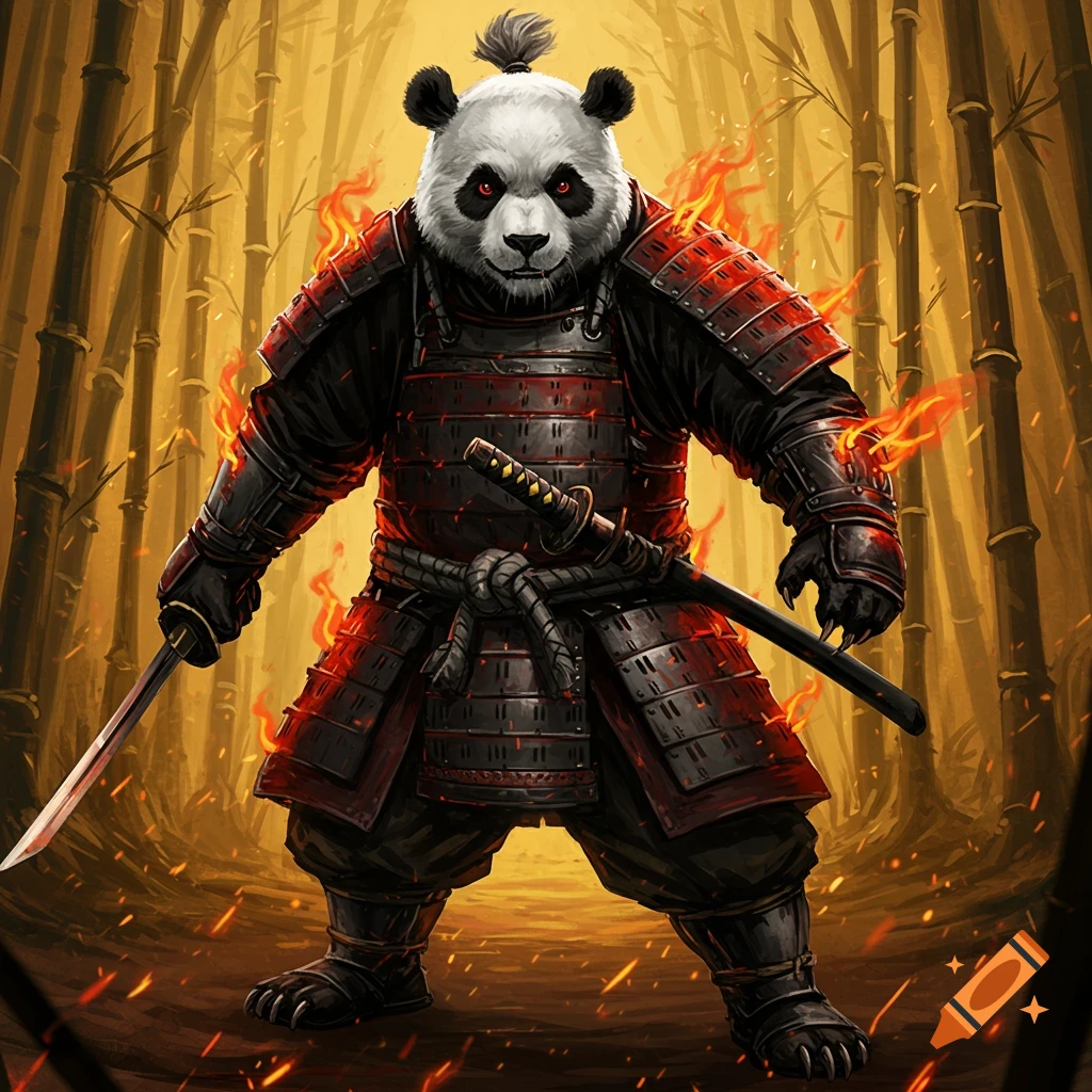 A fierce panda samurai wielding two katanas, standing in a burning bamboo forest.