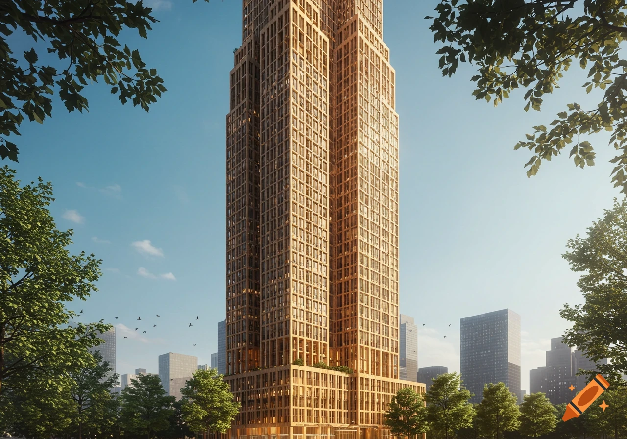 A tall, modern skyscraper with a wooden facade stands in a city, framed by green trees against a clear blue sky.