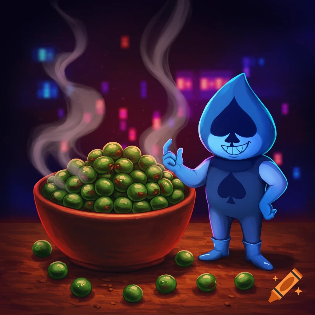 A blue, tear-drop shaped cartoon character, Lancer from Deltarune, stands next to a large steaming bowl of green peas with some scattered on a wooden table.