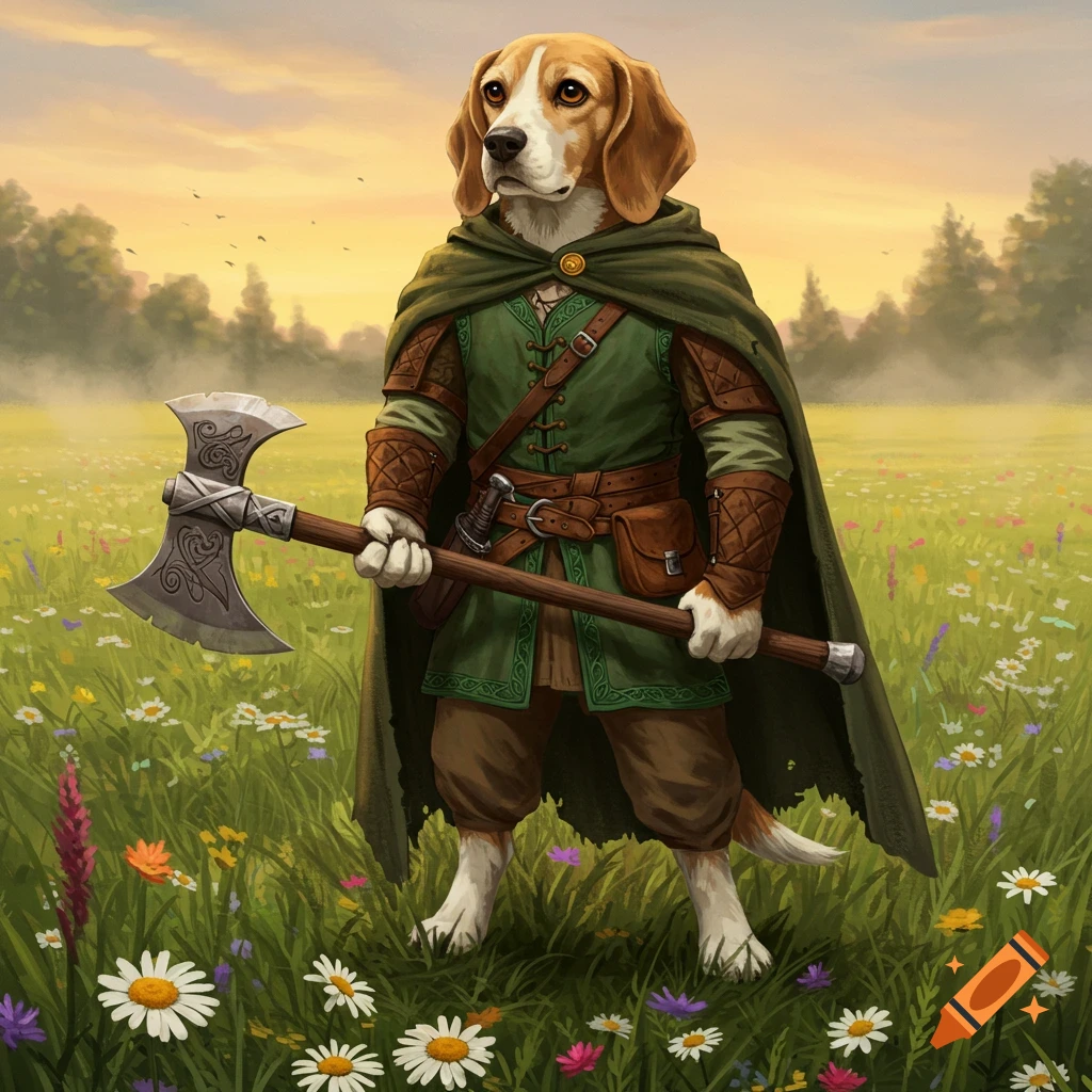 An anthropomorphic beagle warrior in fantasy armor and cape wields an ornate axe in a sunlit wildflower field.