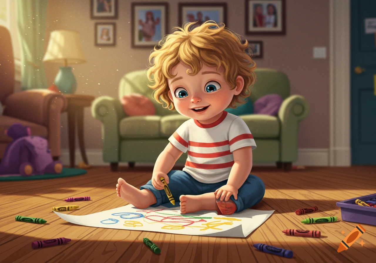 A happy toddler with curly blonde hair sits on a wooden floor, drawing on a paper with a yellow crayon, surrounded by colorful crayons in a cozy, sunlit living room.